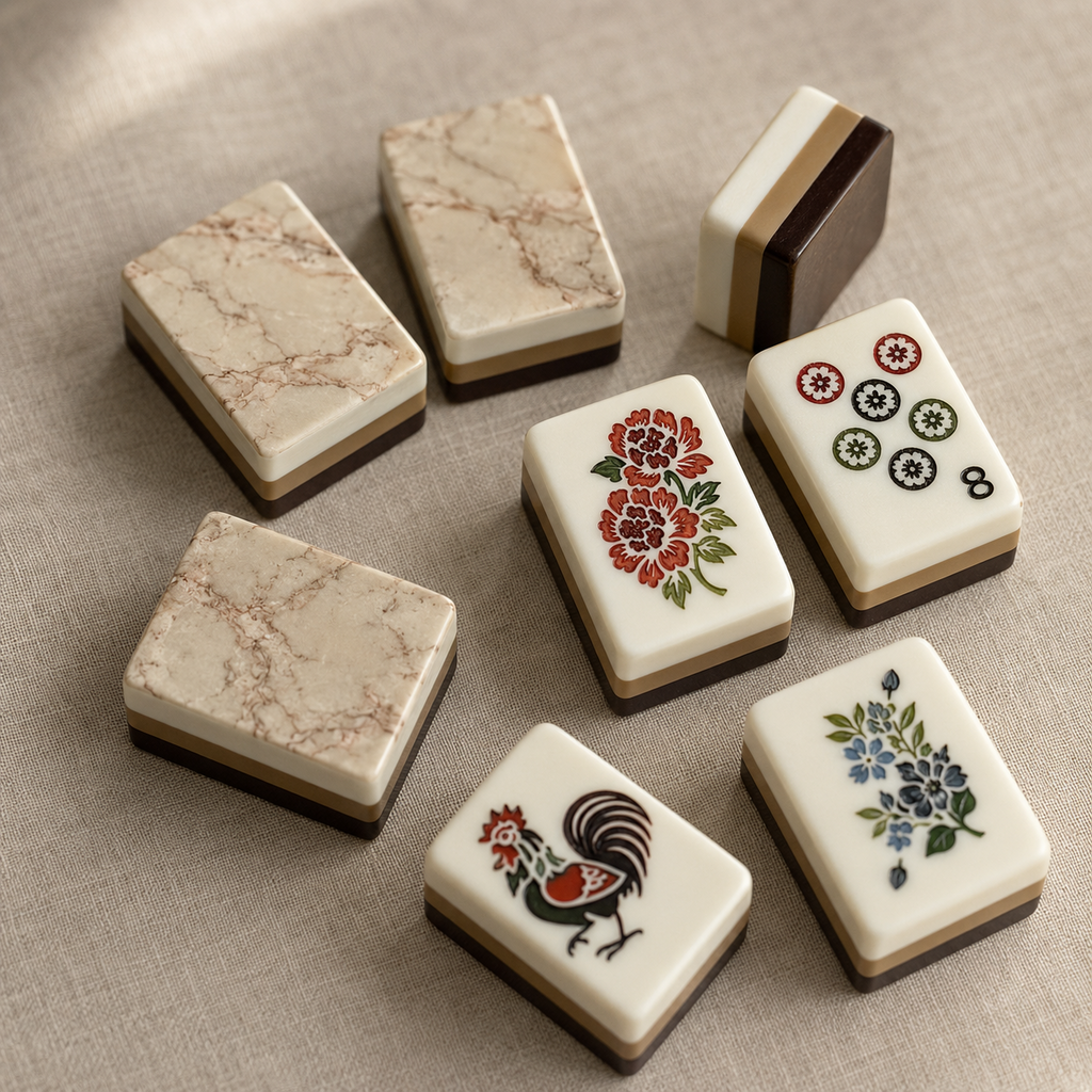 Close-up of ivory American mahjong tiles with beige marble backs and brown gold layers