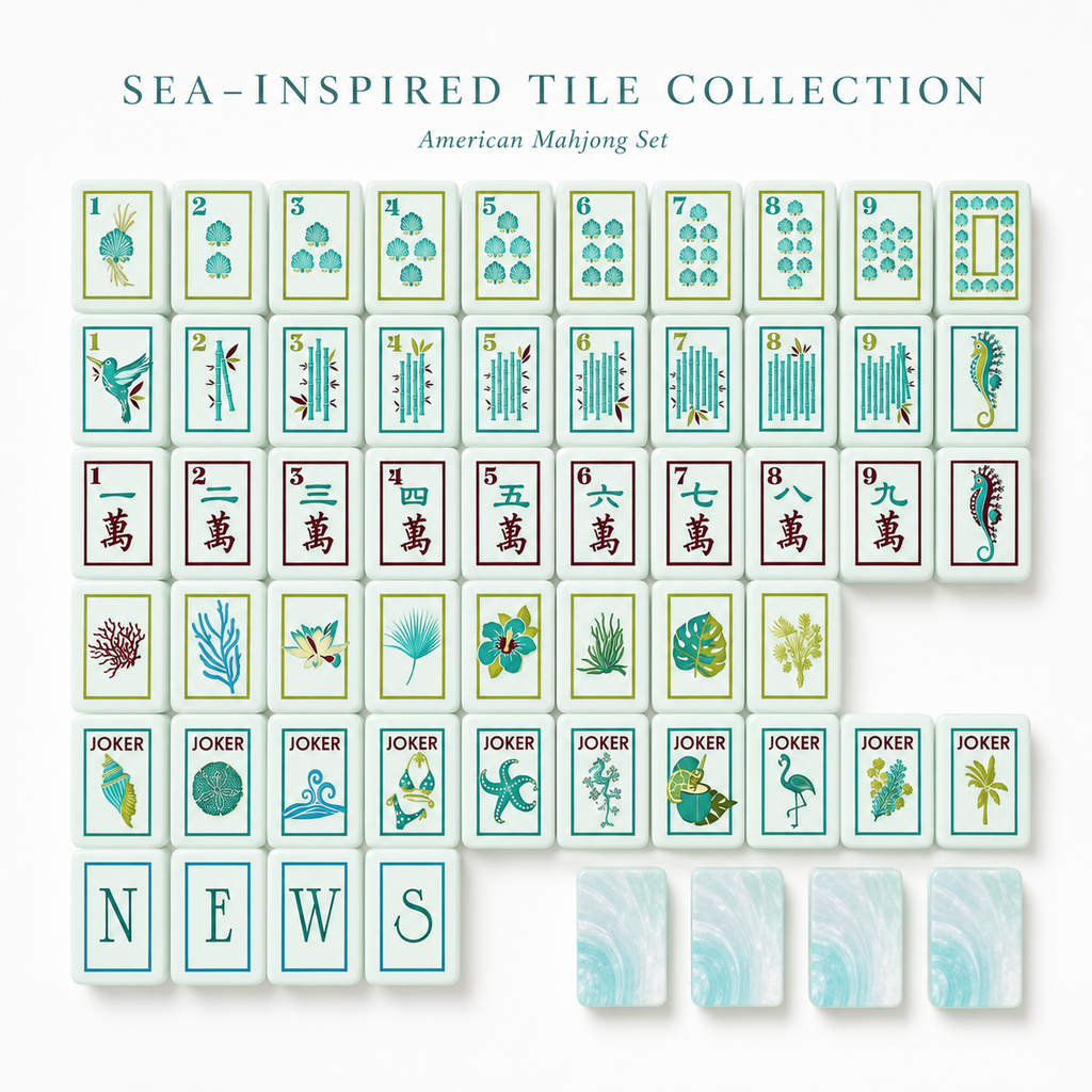 Sea-inspired American mahjong tiles with dots, bams, cracks, flowers, jokers and winds