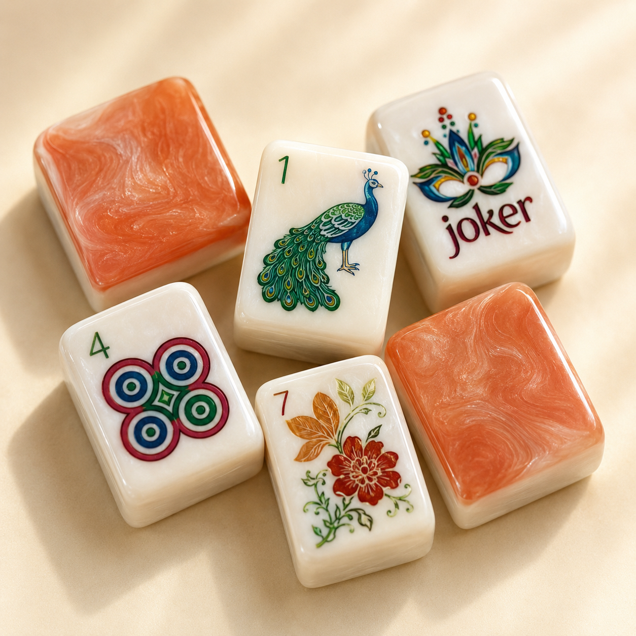 Coral orange American mahjong tiles with peacock, lotus joker and floral artwork
