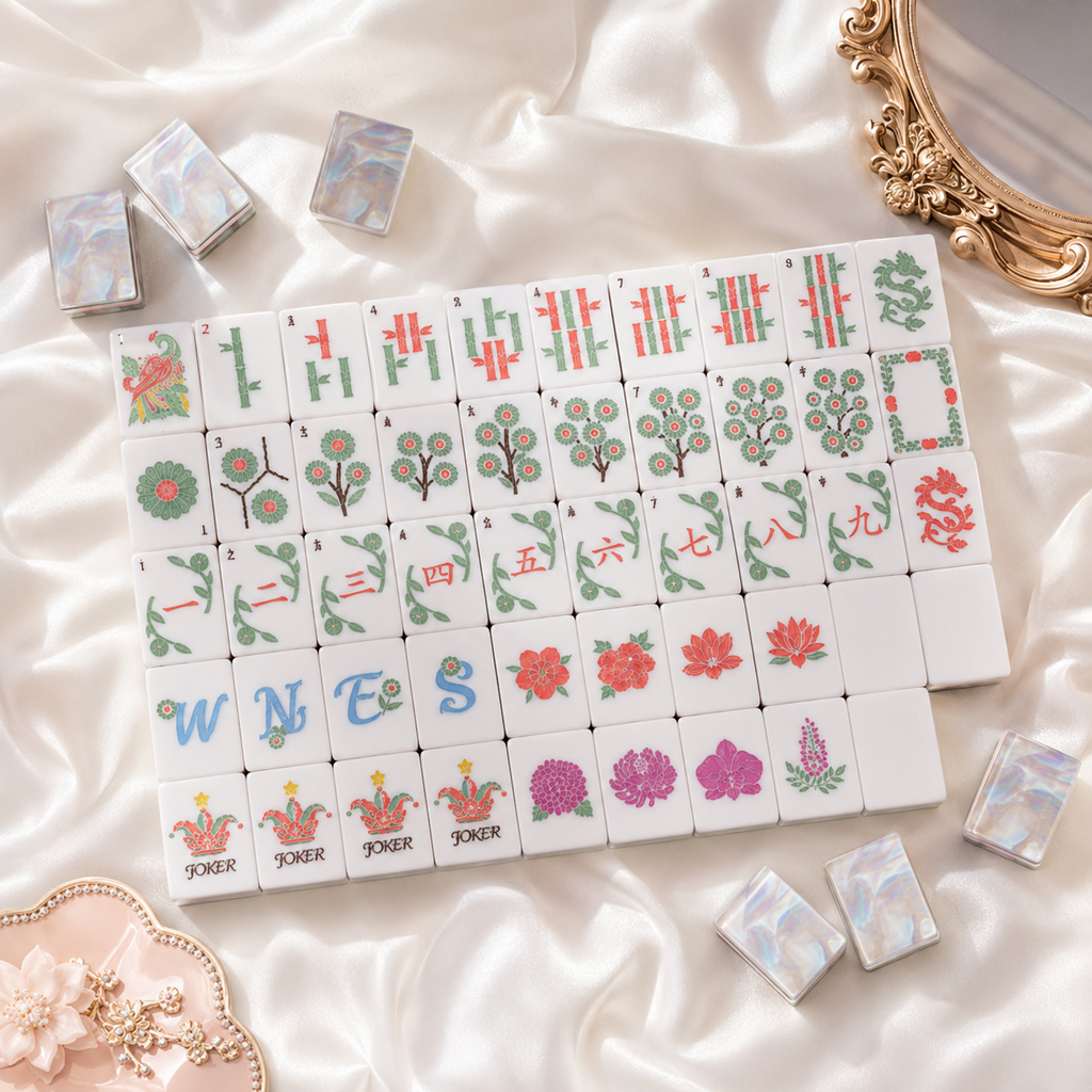 Pearl Garden American Mahjong set with floral tiles and iridescent backs