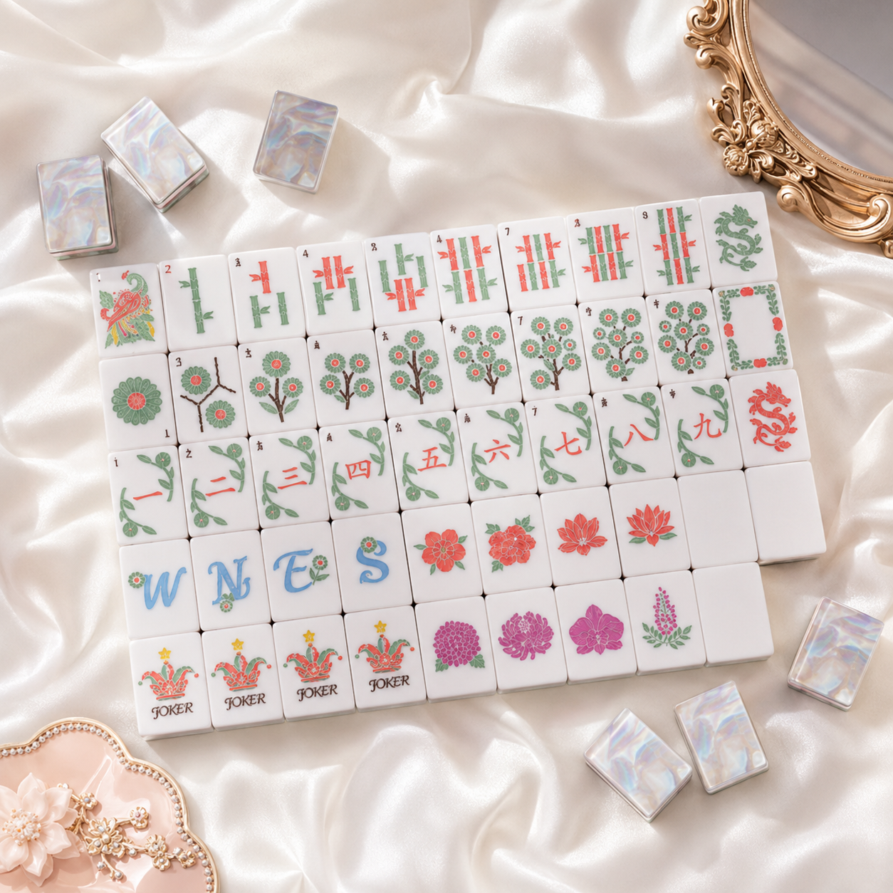 Pearl Garden American Mahjong set with floral tiles and iridescent backs