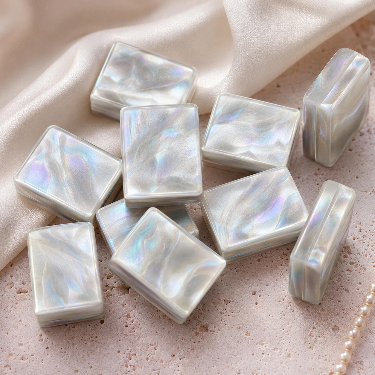 Close-up of pearl-inspired iridescent Mahjong tile backs