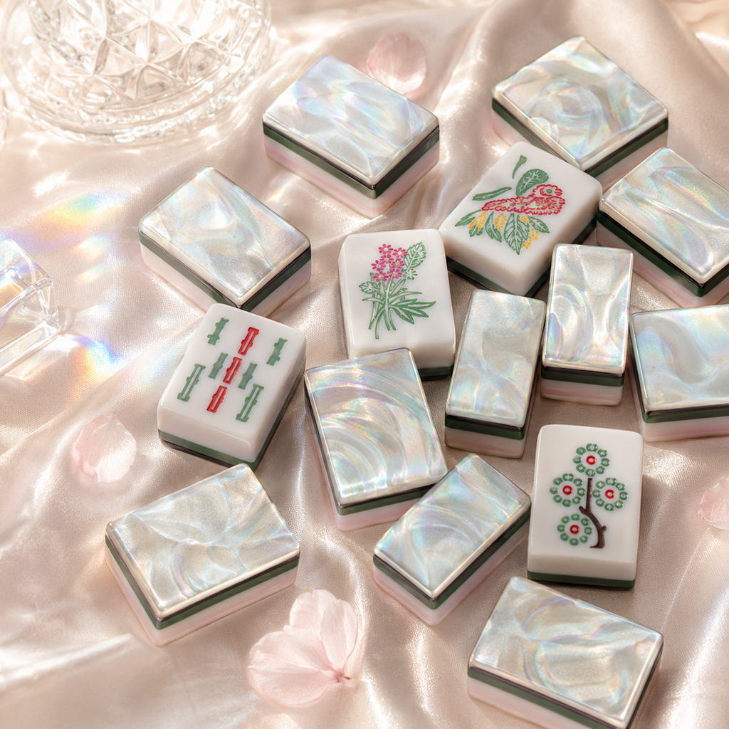 Floral bamboo and bird details on Pearl Garden American Mahjong tiles