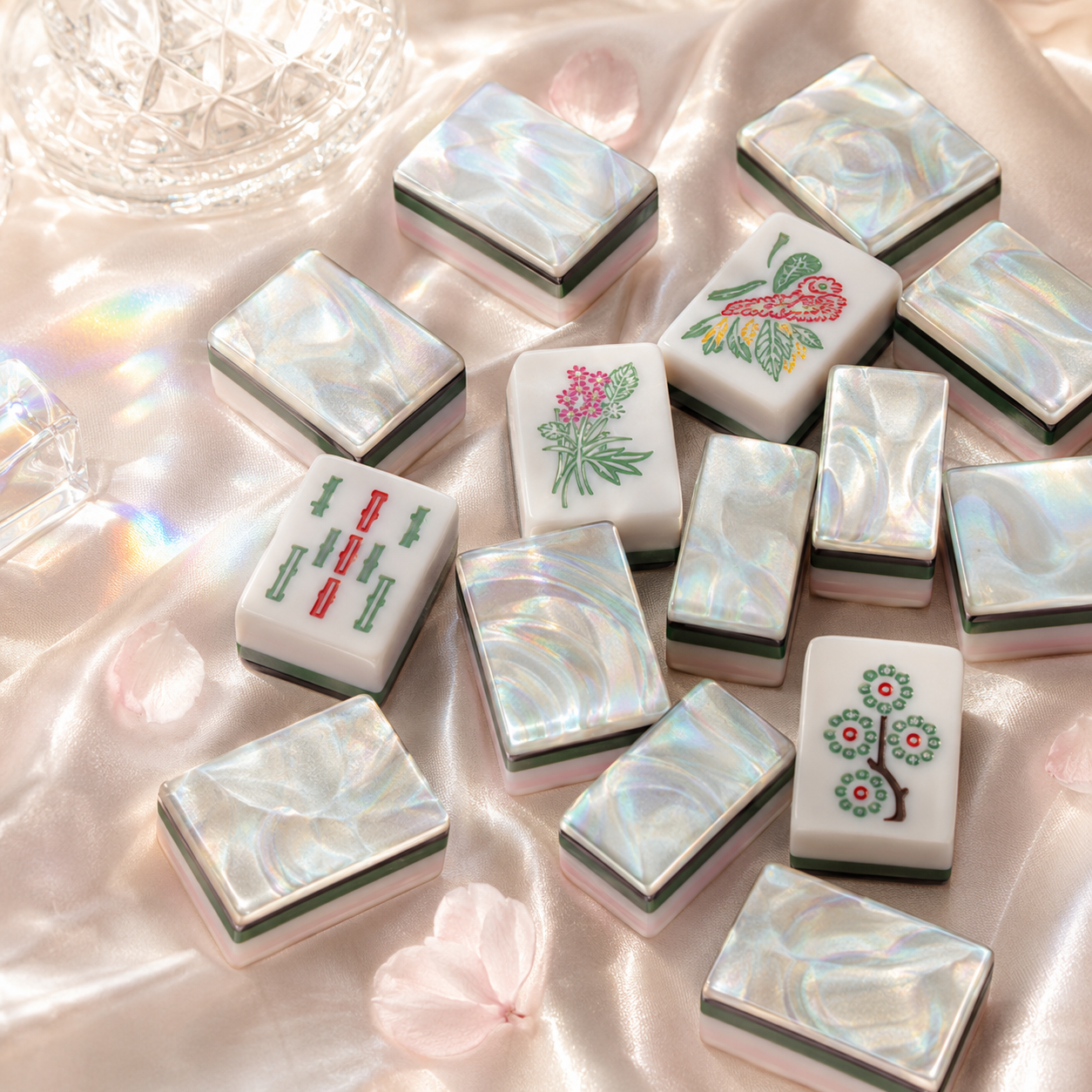 Floral bamboo and bird details on Pearl Garden American Mahjong tiles
