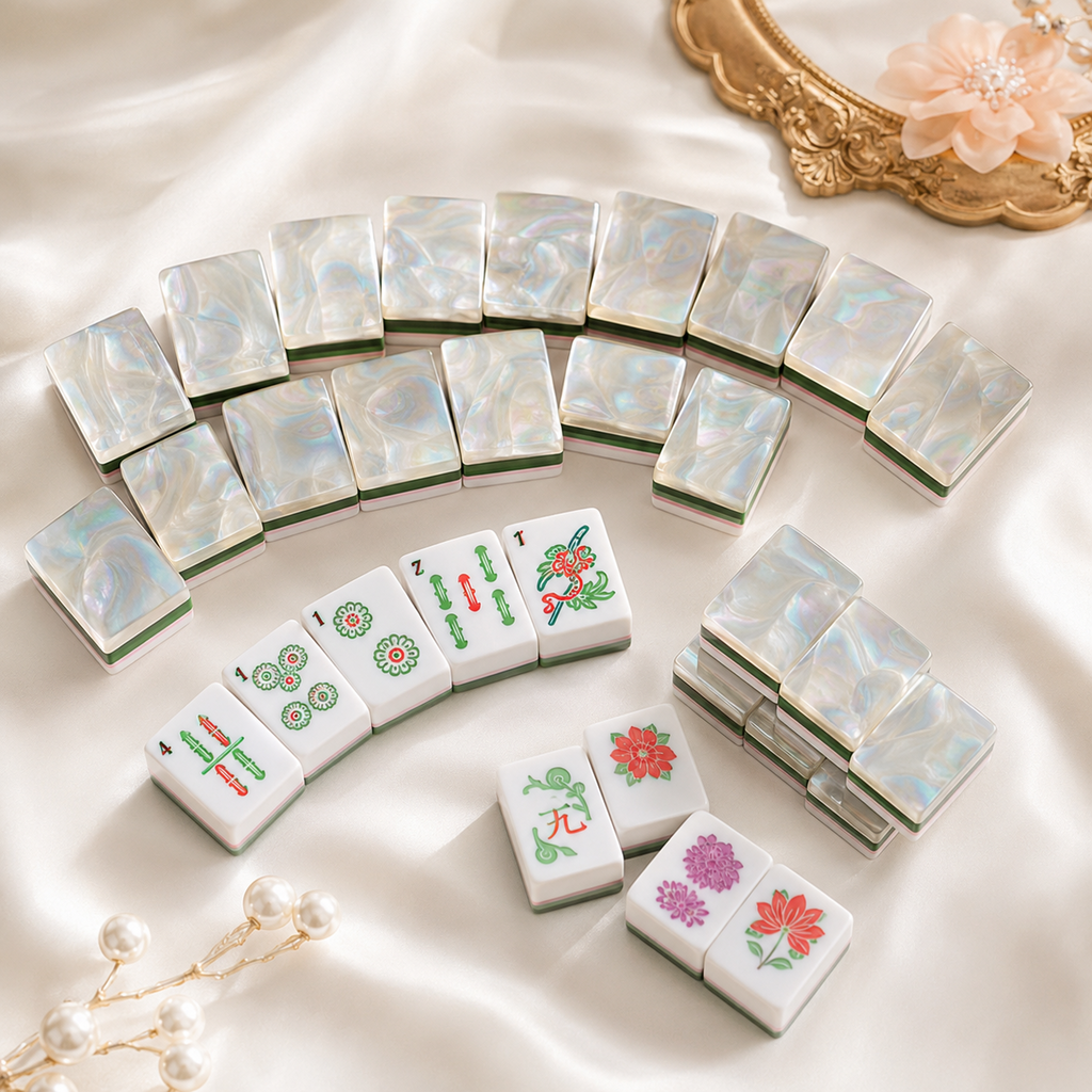 Pearl Garden Mahjong tiles arranged on satin with botanical artwork
