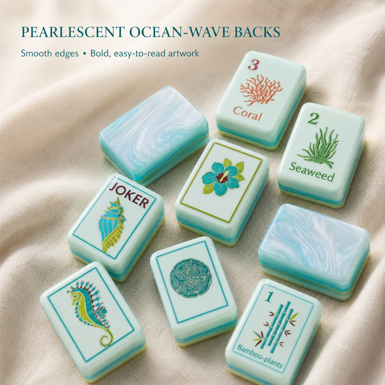 Pearlescent ocean wave mahjong tile backs with sea and botanical artwork