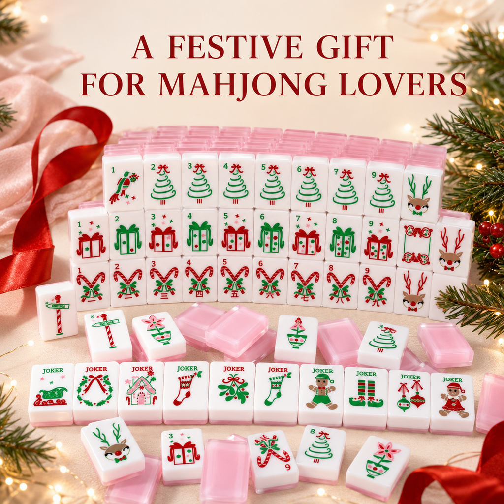 Pink Christmas American mahjong set with festive red and green holiday tile designs