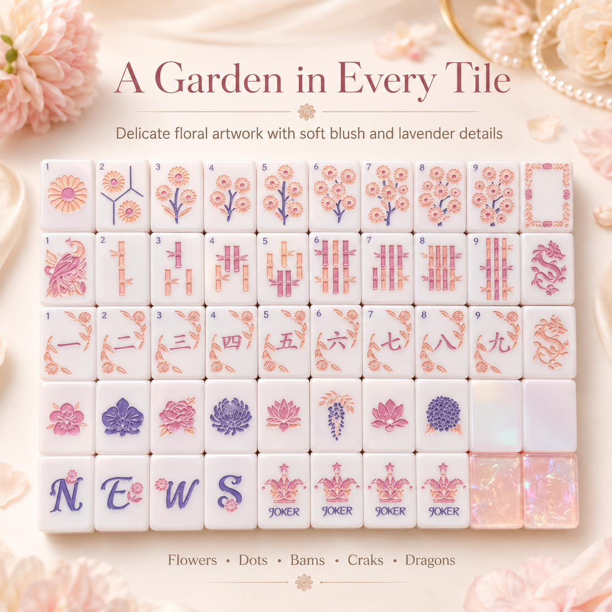 Complete floral artwork across pink American Mahjong tiles