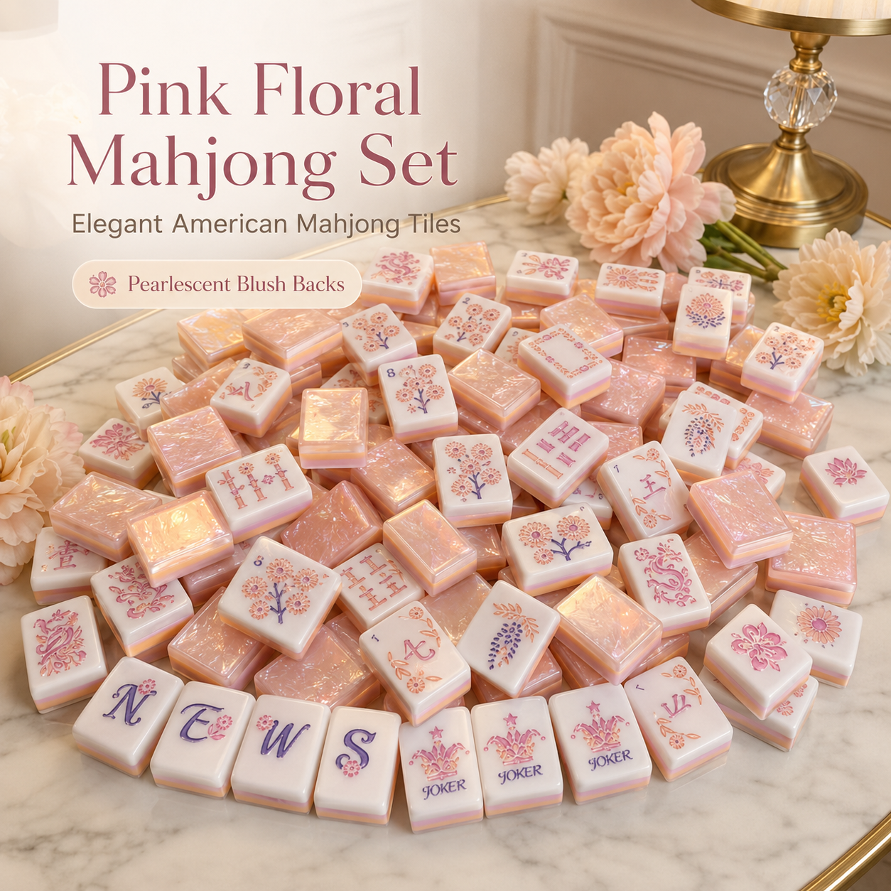 Pink floral American Mahjong set with pearlescent blush backs