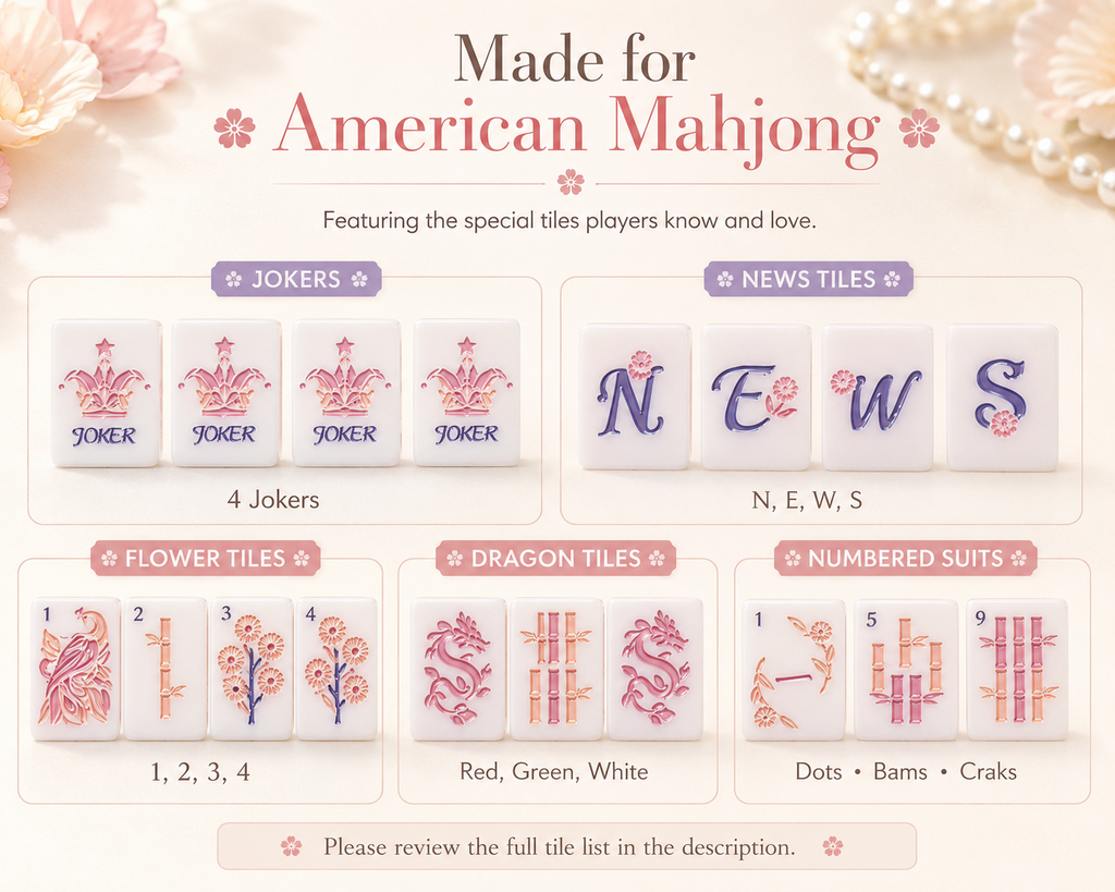Pink floral American Mahjong tile types including jokers winds flowers dragons dots bams and craks