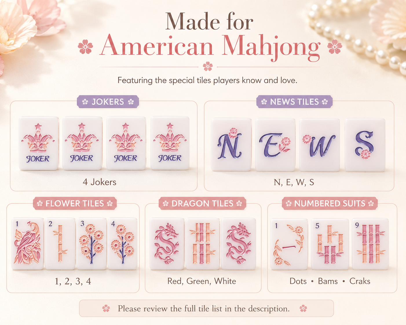 Pink floral American Mahjong tile types including jokers winds flowers dragons dots bams and craks