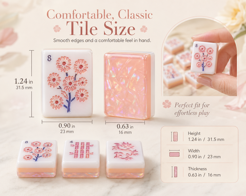 Pink floral mahjong tile dimensions 31.5 by 23 by 16 millimeters