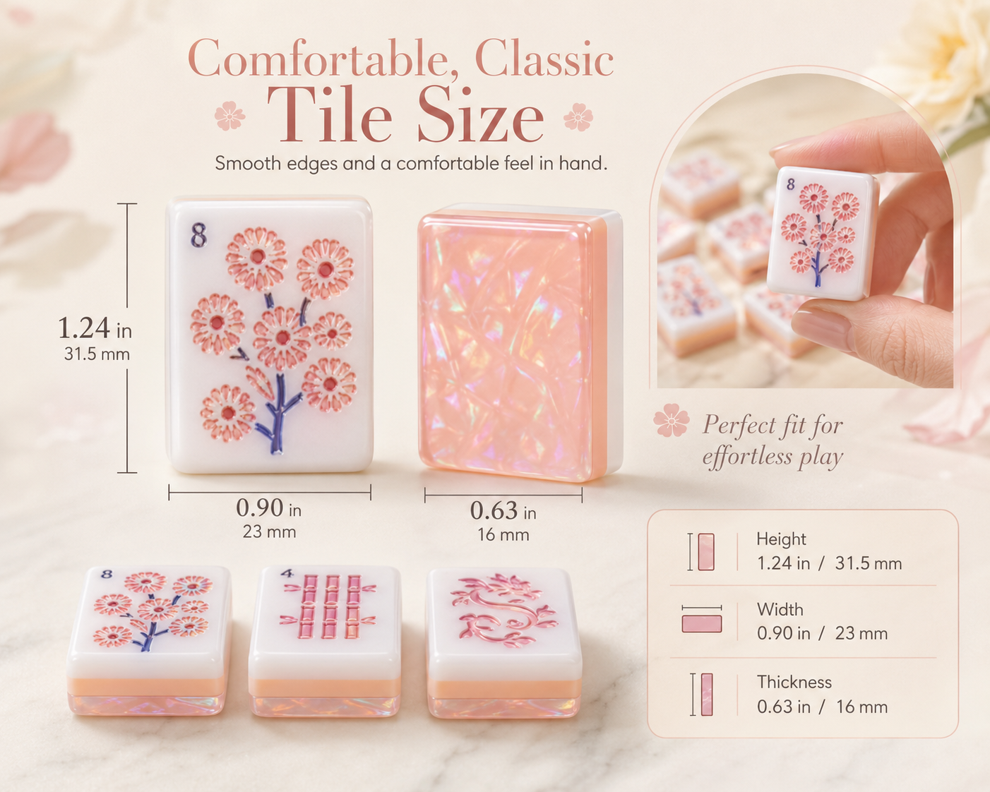 Pink floral mahjong tile dimensions 31.5 by 23 by 16 millimeters
