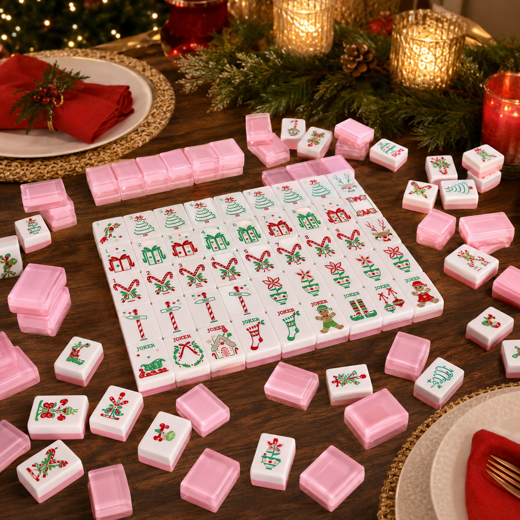 Pink holiday American mahjong tiles displayed on a festive Christmas game-night table