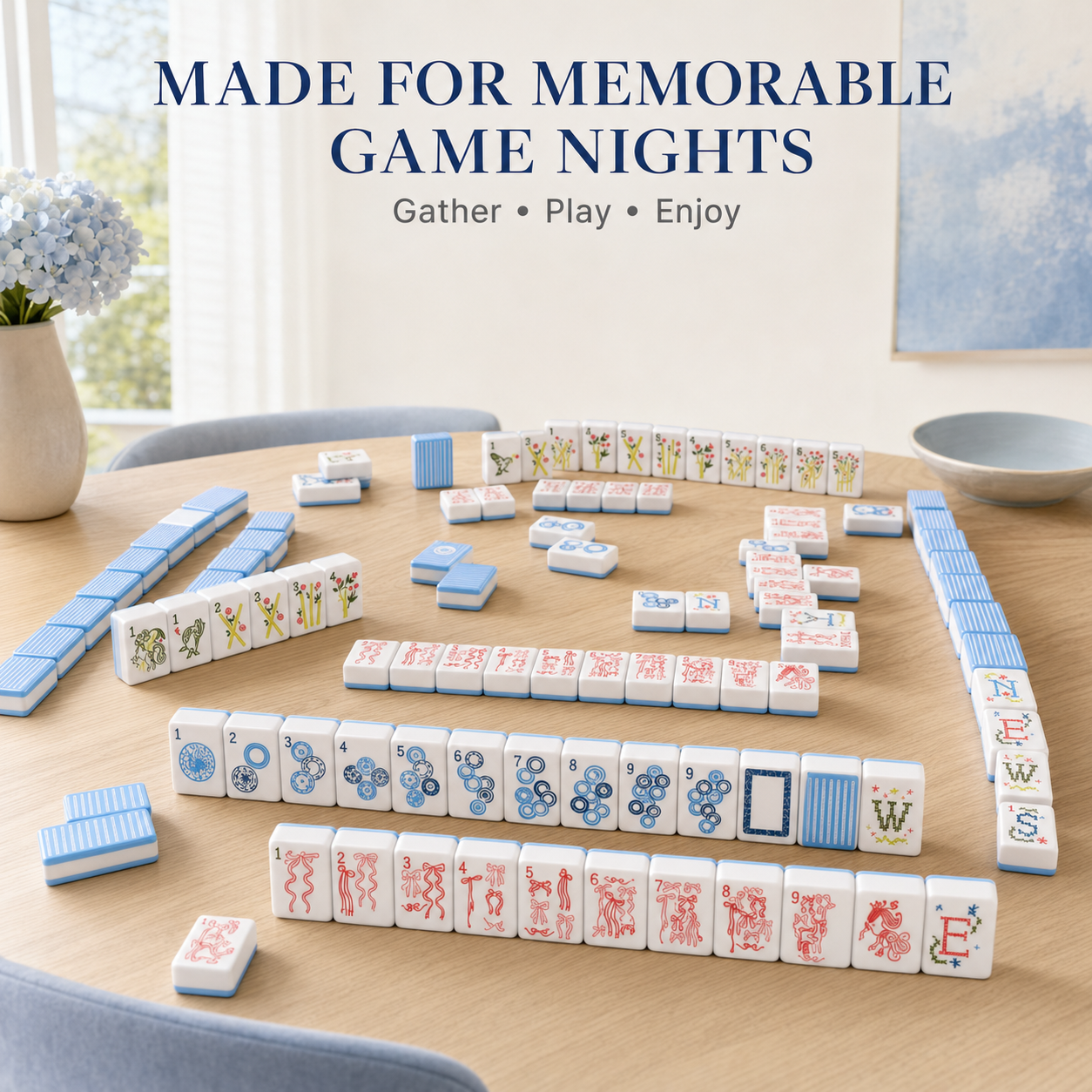 Sky blue floral American mahjong tiles arranged for a memorable game night