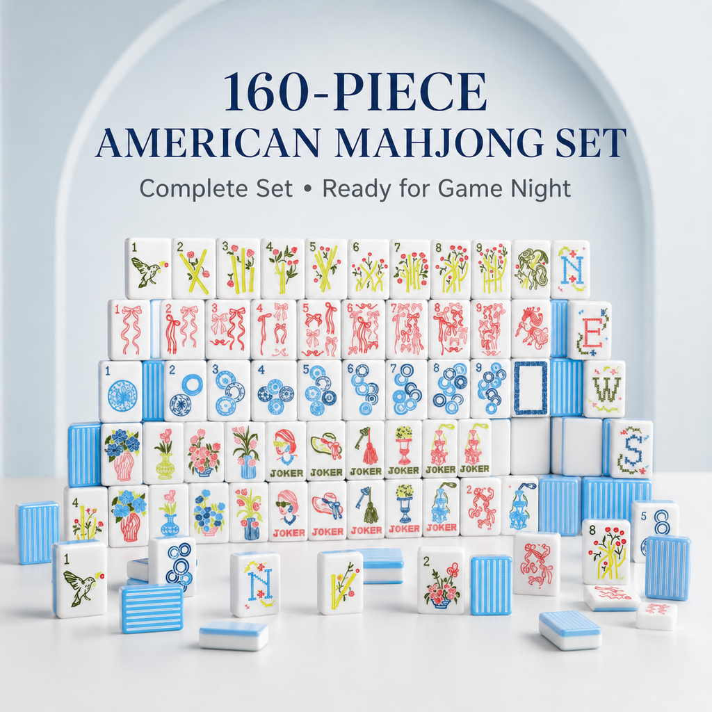 Sky blue and white 160-piece American mahjong set with colorful floral tiles and playful jokers